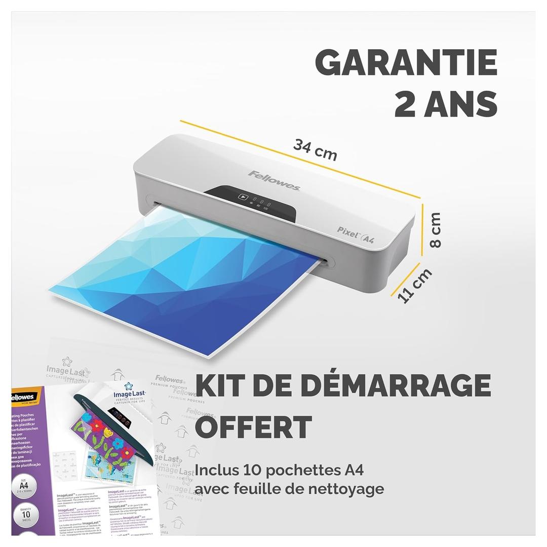 Plastifieuse à pochettes PIXEL A4 FELLOWES — Cotes de la machine : 34 cm de large, 12 cm de profondeur, 8 cm de hauteur, avec le kit de démarrage fourni