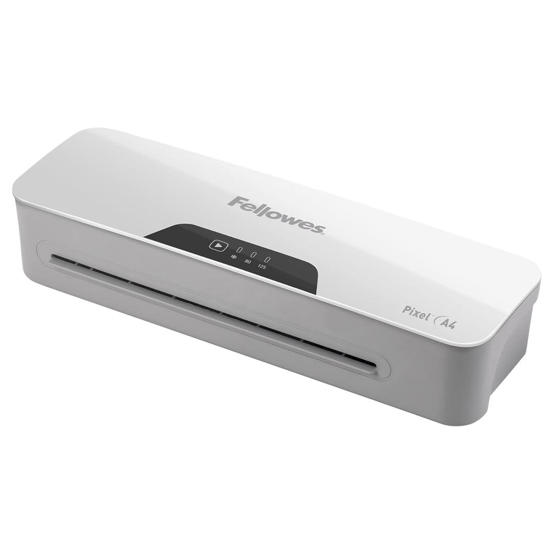 Plastifieuse à pochettes PIXEL A4 FELLOWES — Vue d’ensemble de trois quarts, capot blanc et bandeau gris