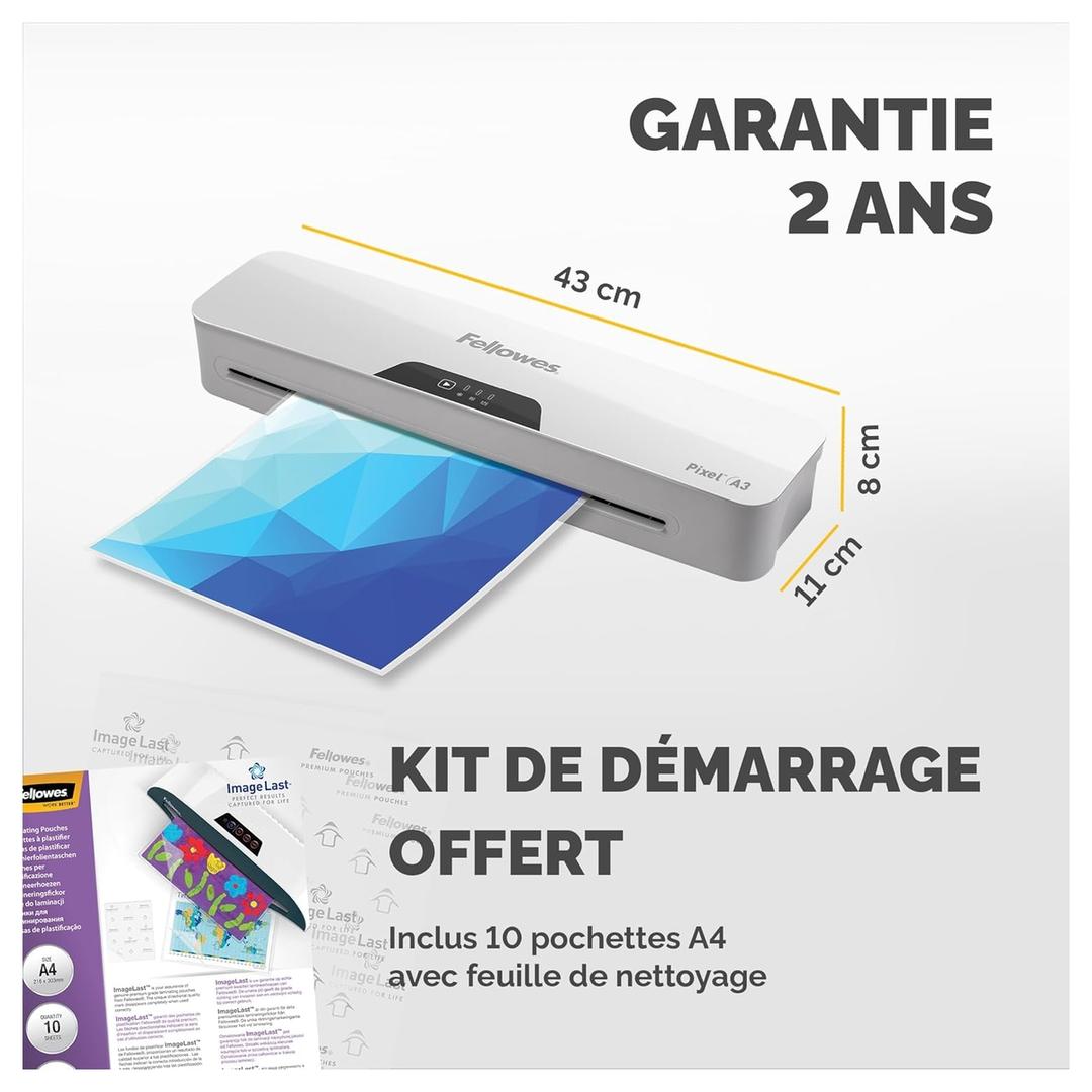 Plastifieuse à pochettes PIXEL A3 FELLOWES — Cotes de la machine : 43 cm de large, 12 cm de profondeur, 8 cm de hauteur, avec le kit de démarrage fourni