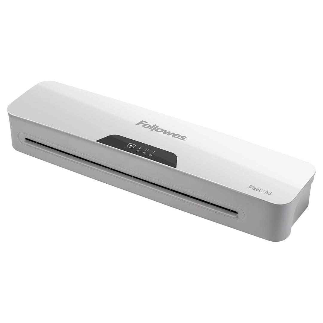 Plastifieuse à pochettes PIXEL A3 FELLOWES — Vue d’ensemble de trois quarts, capot blanc et bandeau gris