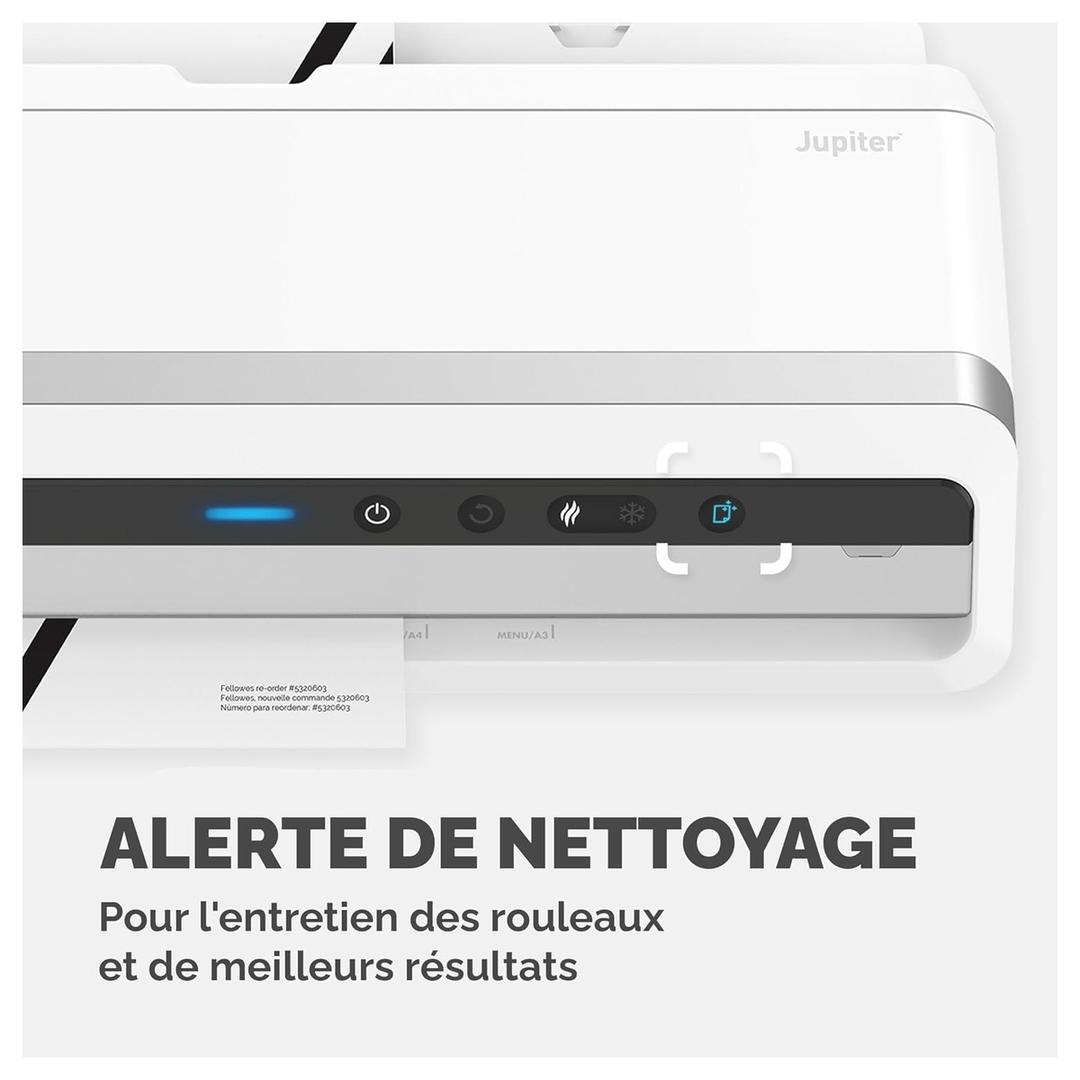 Plastifieuse à pochettes JUPITER A3 FELLOWES — Bandeau de commande, voyant d’alerte de nettoyage allumé en bleu