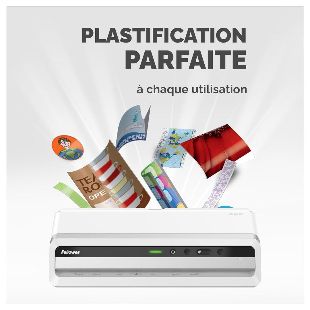 Plastifieuse à pochettes JUPITER A3 FELLOWES — Documents plastifiés variés : photos, badges, marque-pages et étiquettes