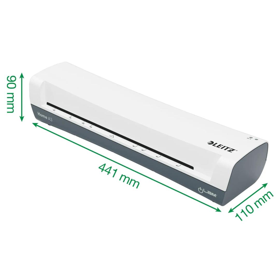Plastifieuse à pochettes de bureau iLAM Home A3 Blanche LEITZ - Cotes de la plastifieuse à pochettes Leitz iLAM Home A3 : 441 mm de large, 110 mm de profondeur, 90 mm de haut