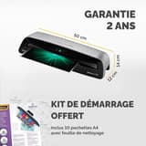 Plastifieuse à pochettes NEPTUNE 3 FELLOWES — Cotes de la machine : 50 cm de large, 14 cm de profondeur, 12 cm de hauteur, avec le kit de démarrage fourni