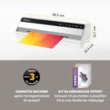 Plastifieuse à pochettes Saturn 3I A4 FELLOWES — Vue de trois quarts avec les cotes : 38,5 cm de large, 15,4 cm de profondeur, 11,7 cm de hauteur