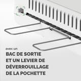 Plastifieuse à pochettes Saturn 3I A3 FELLOWES — Bac de sortie métallique déplié à l’arrière, à côté du levier de déverrouillage de pochette