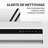 Plastifieuse à pochettes Saturn 3I A3 FELLOWES — Bandeau de commande : boutons 80, 100 et 125 microns, réglage à froid et voyant d’alerte de nettoyage des rouleaux