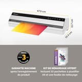 Plastifieuse à pochettes Saturn 3I A3 FELLOWES — Vue de trois quarts avec les cotes : 47,9 cm de large, 15,4 cm de profondeur, 11,7 cm de hauteur