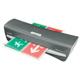 Plastifieuse à pochettes de bureau iLAM Office A4 LEITZ - La plastifieuse à pochettes Leitz iLAM Office A4 vue de trois quarts, un document en sortie