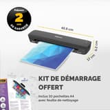 Plastifieuse à pochettes ARC A3 FELLOWES — Cotes de la machine : 45,9 cm de large, 17 cm de profondeur, 6,2 cm de hauteur, avec le kit de démarrage fourni