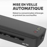 Plastifieuse à pochettes ARC A3 FELLOWES — Vue rapprochée du flanc et de l’interrupteur marche/arrêt