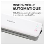 Plastifieuse à pochettes ION A4 FELLOWES — Bouton d’alimentation et voyant de veille, vue rapprochée