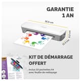 Plastifieuse à pochettes ION A4 FELLOWES — Cotes de la machine : 35,9 cm de large, 11,3 cm de profondeur, 6,2 cm de hauteur, avec le kit de démarrage fourni