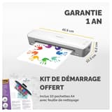 Plastifieuse à pochettes ION A3 FELLOWES — Cotes de la machine : 45,9 cm de large, 10,3 cm de profondeur, 6,2 cm de hauteur, avec le kit de démarrage fourni