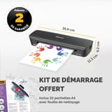 Plastifieuse à pochettes ARC A4 FELLOWES — Cotes de la machine : 35,9 cm de large, 11,3 cm de profondeur, 6,2 cm de hauteur, avec le kit de démarrage fourni