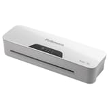 Plastifieuse à pochettes PIXEL A4 FELLOWES — Vue d’ensemble de trois quarts, capot blanc et bandeau gris