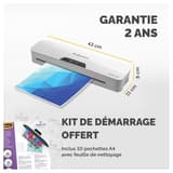 Plastifieuse à pochettes PIXEL A3 FELLOWES — Cotes de la machine : 43 cm de large, 12 cm de profondeur, 8 cm de hauteur, avec le kit de démarrage fourni