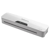 Plastifieuse à pochettes PIXEL A3 FELLOWES — Vue d’ensemble de trois quarts, capot blanc et bandeau gris