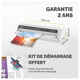Plastifieuse à pochettes VENUS A3 FELLOWES — Cotes de la machine : 52,5 cm de large, 21,4 cm de profondeur, 13,5 cm de hauteur, avec le kit de démarrage fourni