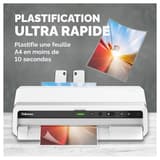 Plastifieuse à pochettes VENUS A3 FELLOWES — Machine de face, documents plastifiés en sortie sur un plan de travail