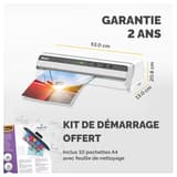Plastifieuse à pochettes JUPITER A3 FELLOWES — Cotes de la machine : 53 cm de large, 20,8 cm de profondeur, 13 cm de hauteur, avec le kit de démarrage fourni