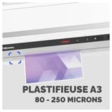 Plastifieuse à pochettes JUPITER A3 FELLOWES — Vue rapprochée du bandeau de commande, une pochette en sortie de machine