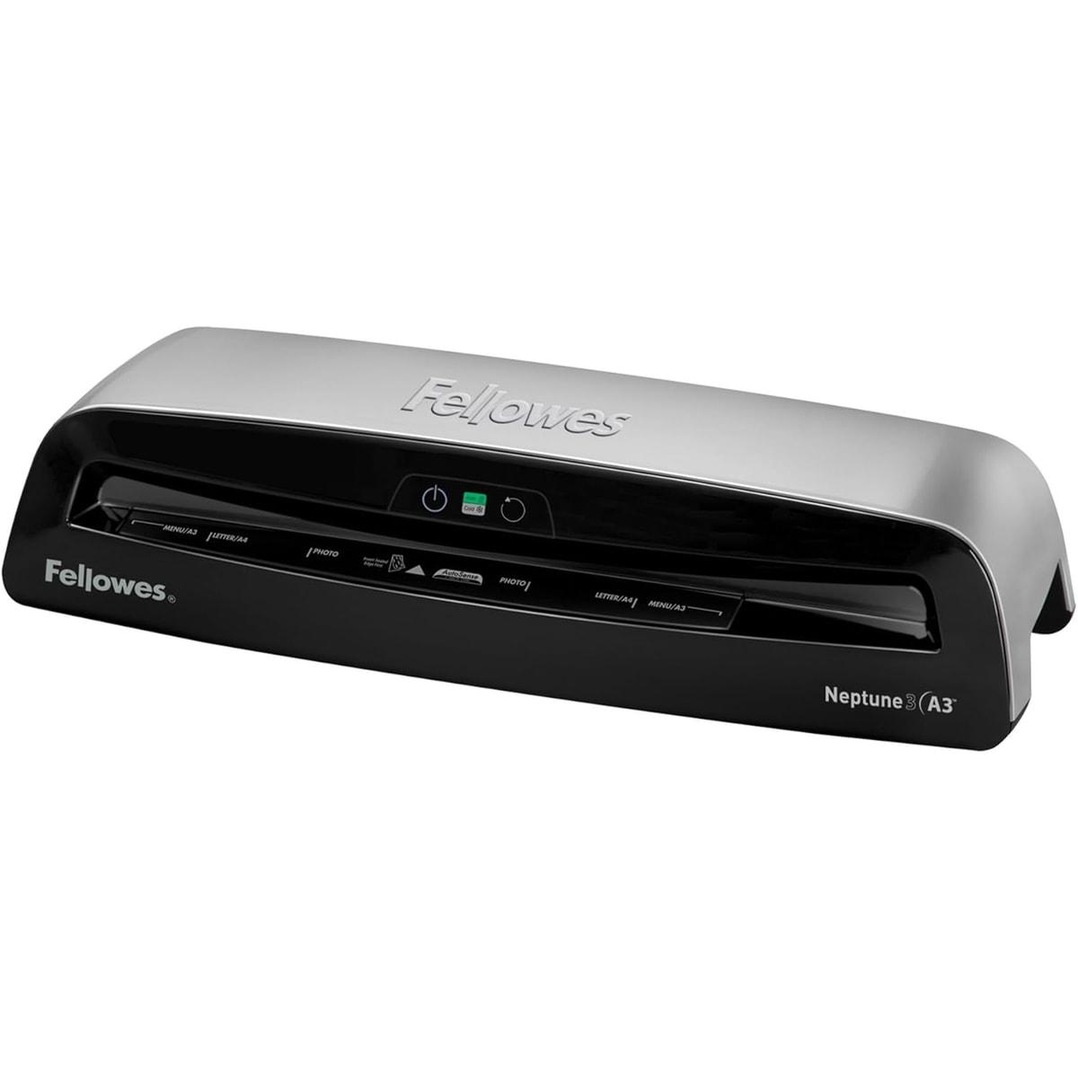 Plastifieuse à pochettes NEPTUNE 3 FELLOWES — Machine vue de trois quarts, capot chromé et bandeau de commande