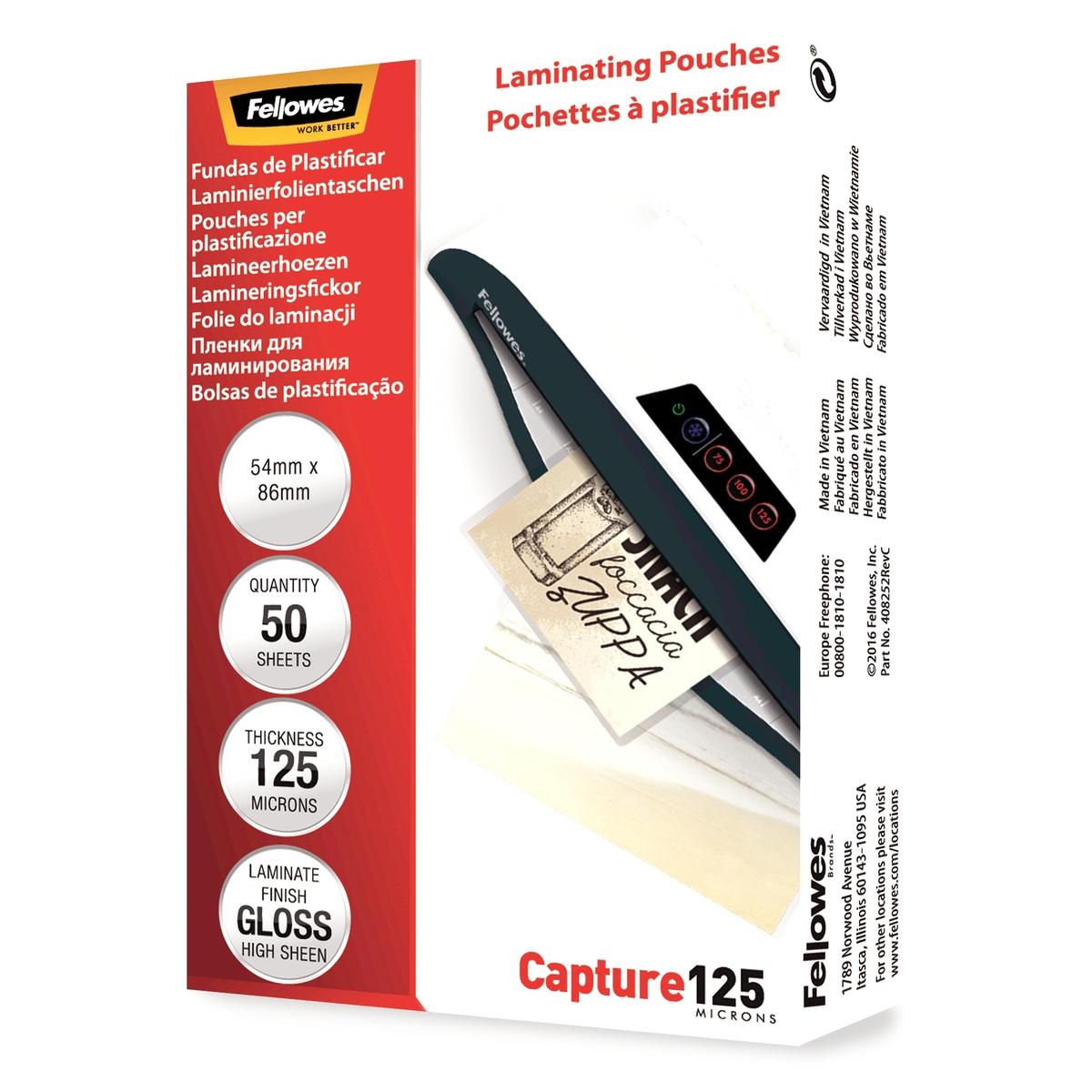 50 pochettes de plastification 54 x 86 mm 125 microns brillantes FELLOWES — Base