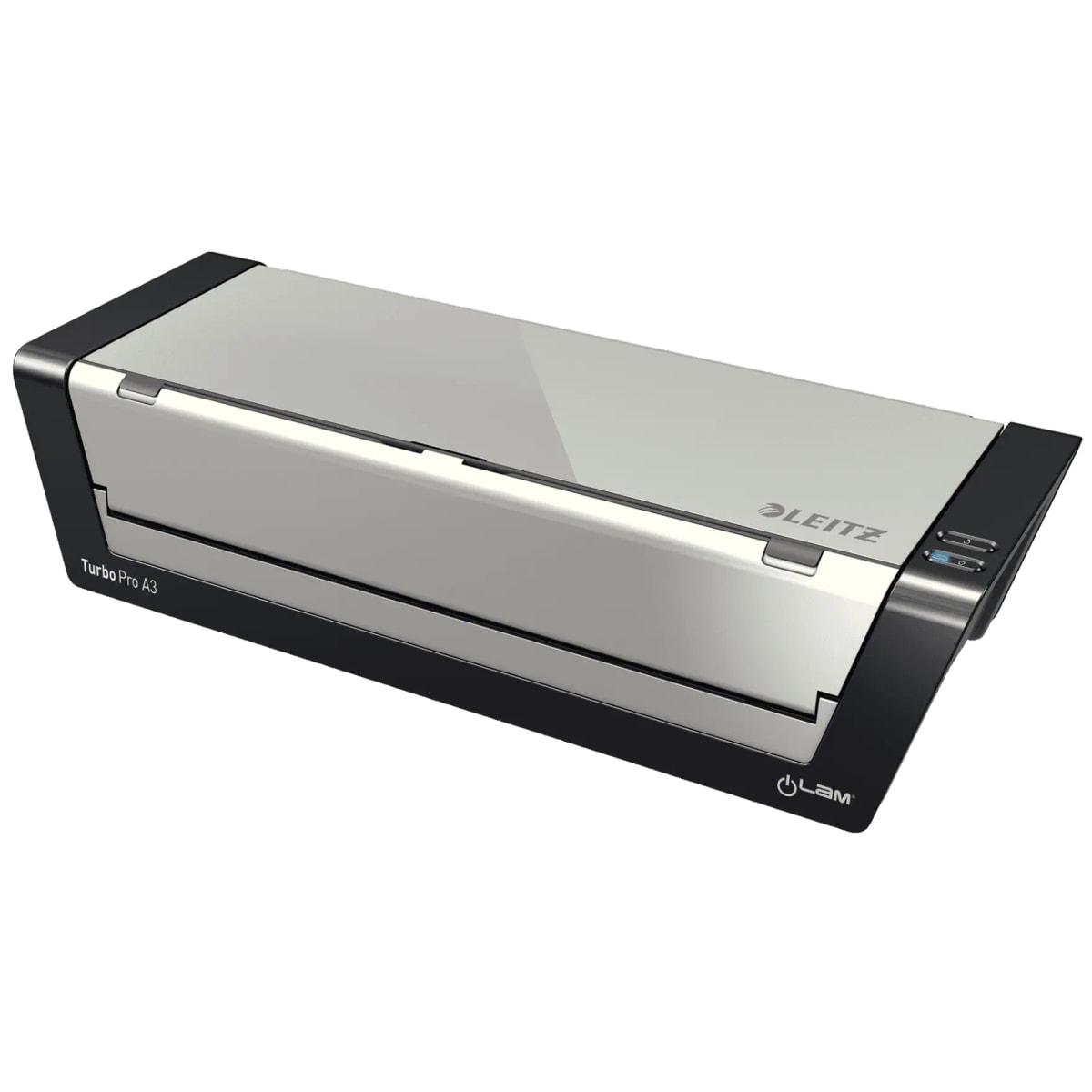 Plastifieuse à pochettes de bureau iLAM Touch Turbo Pro A3 LEITZ - La plastifieuse à pochettes Leitz iLAM Touch Turbo Pro A3 vue de face, capot argent