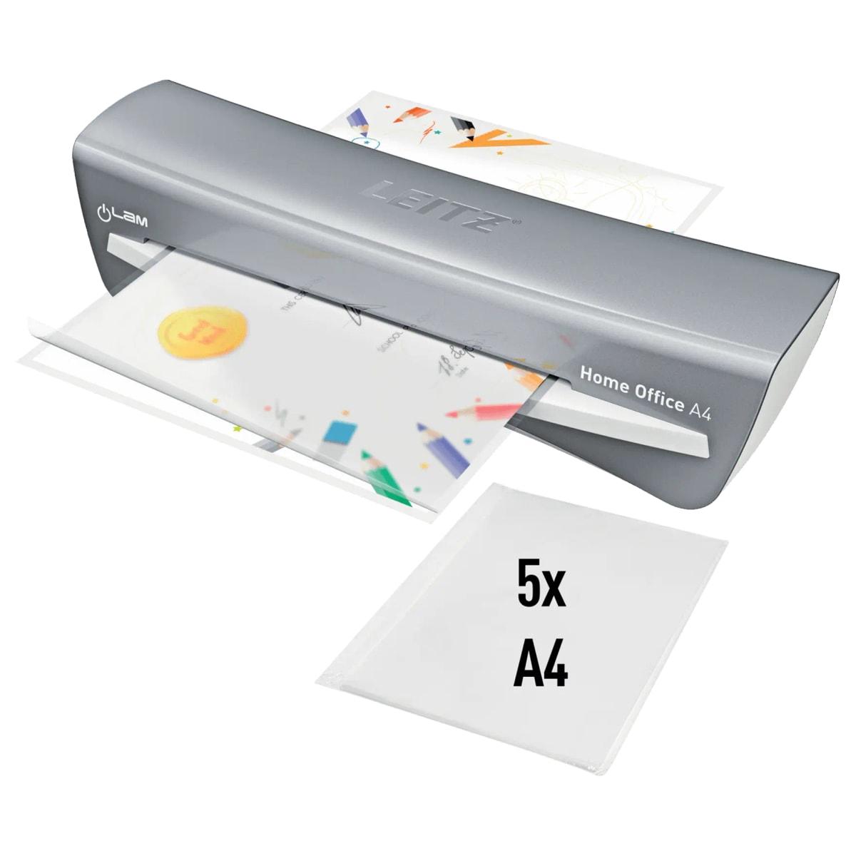 Plastifieuse à pochettes de bureau iLAM Home Office A4 gris LEITZ - La plastifieuse à pochettes Leitz iLAM Home Office A4 vue de trois quarts, un document en sortie