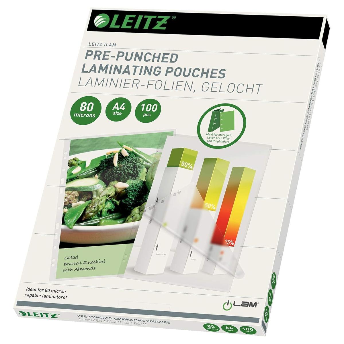 100 pochettes de plastification iLAM A4 80 microns brillantes - pré-perforées LEITZ — Base