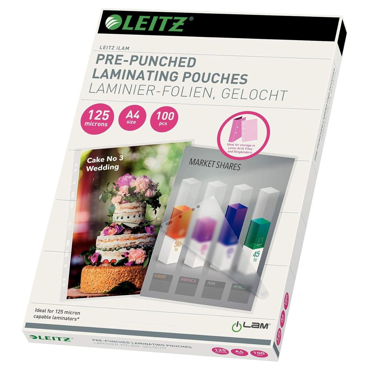 100 pochettes de plastification iLAM A4 125 microns brillantes - trous de classement