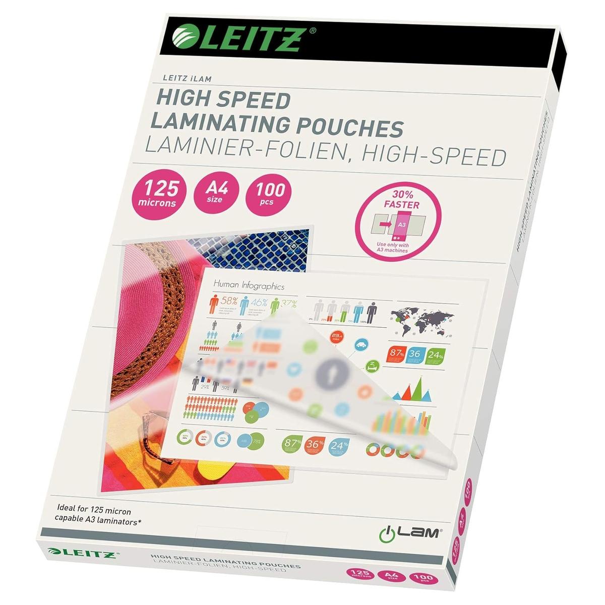 100 pochettes de plastification iLAM A4 125 microns brillantes - Speed LEITZ — Base