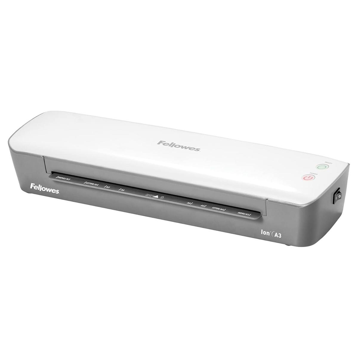 Plastifieuse à pochettes ION A3 FELLOWES — Vue d’ensemble de trois quarts, capot blanc et façade grise