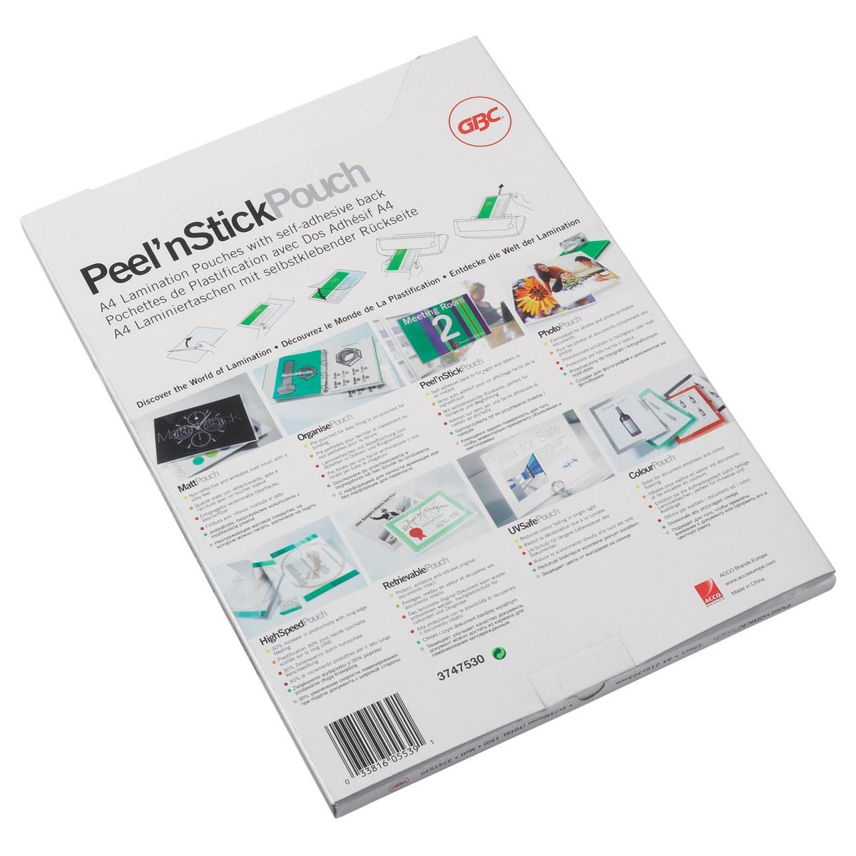 100 pochettes de plastification Peel'nStick A4 125 microns brillantes GBC — Vue de dos