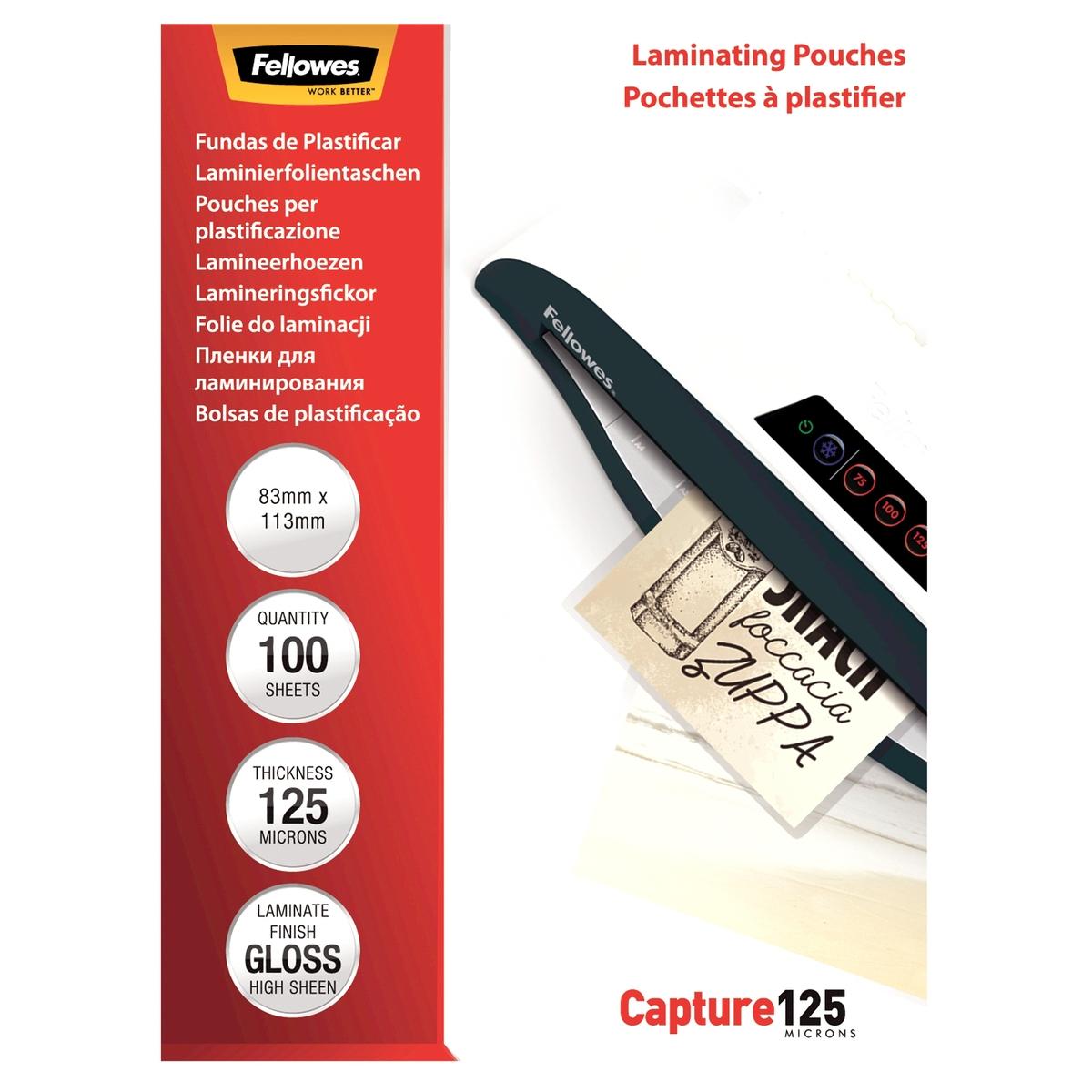 100 pochettes de plastification 83 x 113 mm 125 microns brillantes FELLOWES — Vue de face
