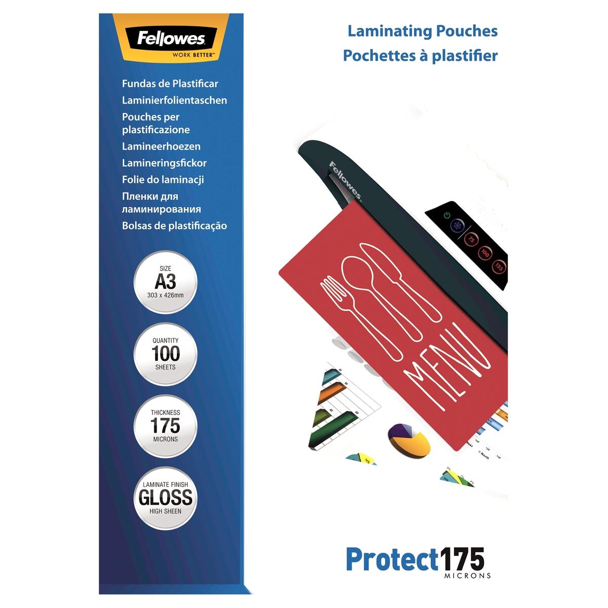 100 pochettes de plastification A3 175 microns brillantes FELLOWES — Vue de face