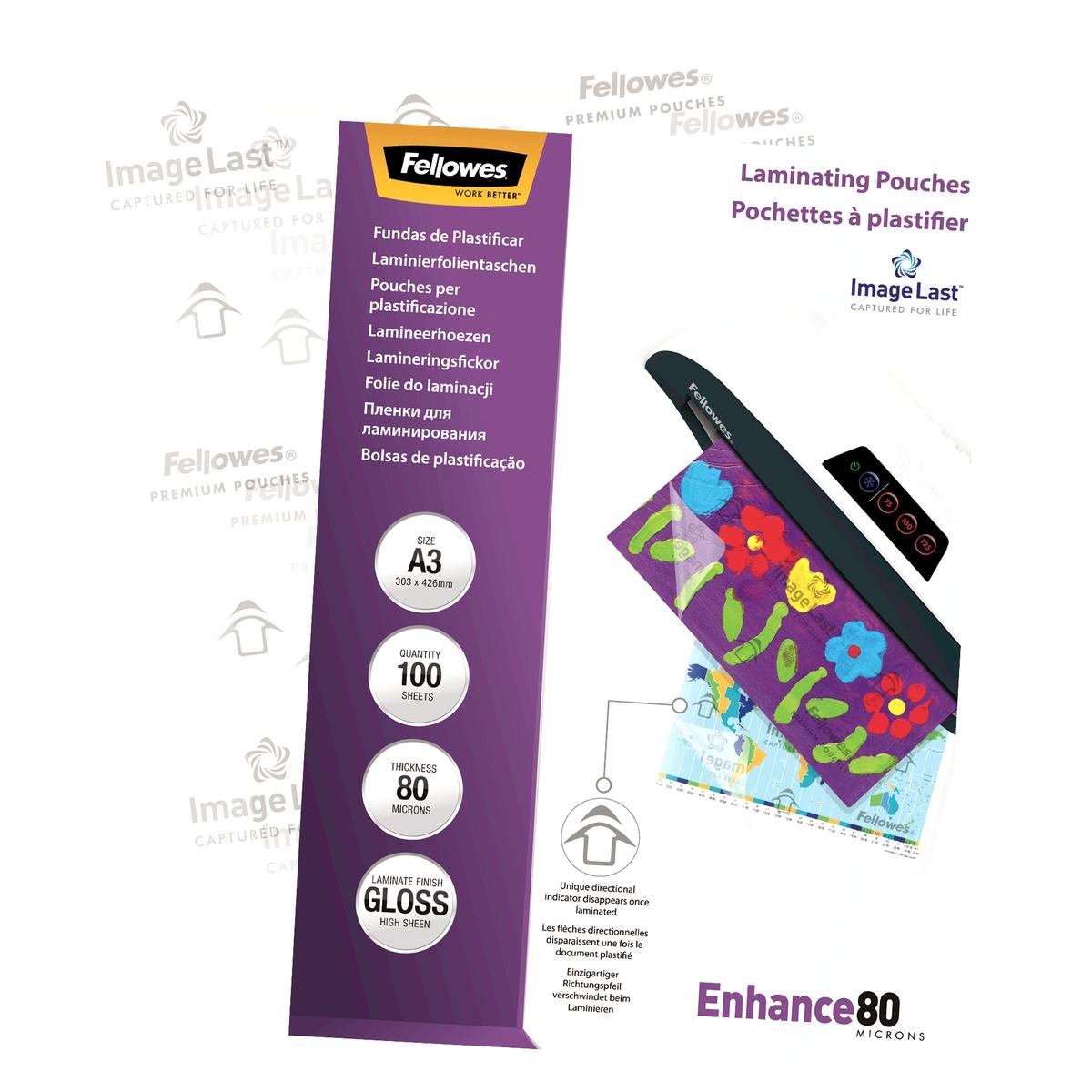 100 pochettes de plastification ImageLast A3 80 microns brillantes FELLOWES — Vue de droite détails