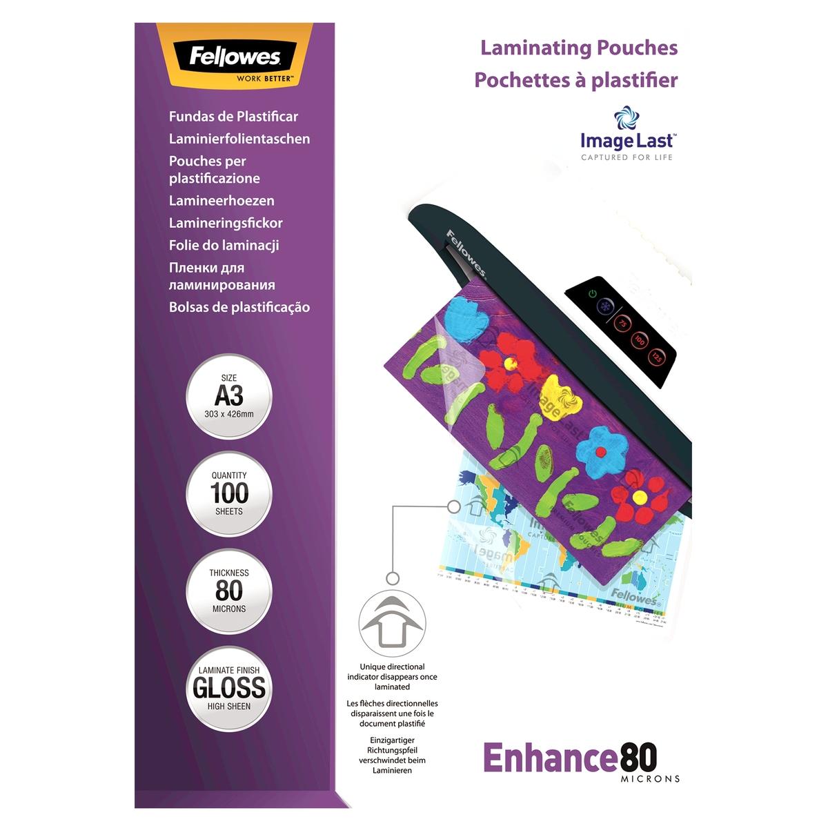 100 pochettes de plastification ImageLast A3 80 microns brillantes FELLOWES — Vue de face