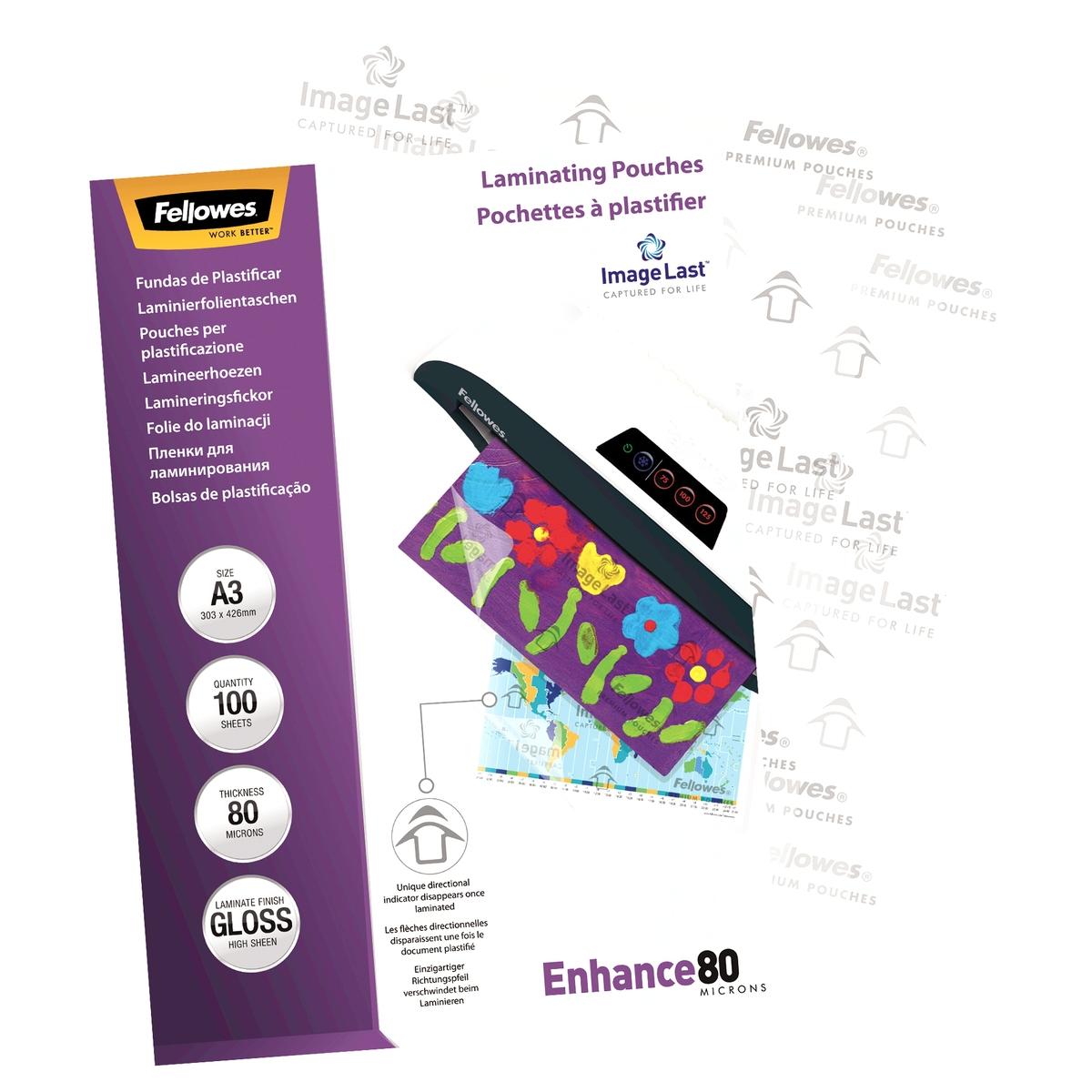 100 pochettes de plastification ImageLast A3 80 microns brillantes FELLOWES — Vue de gauche détails