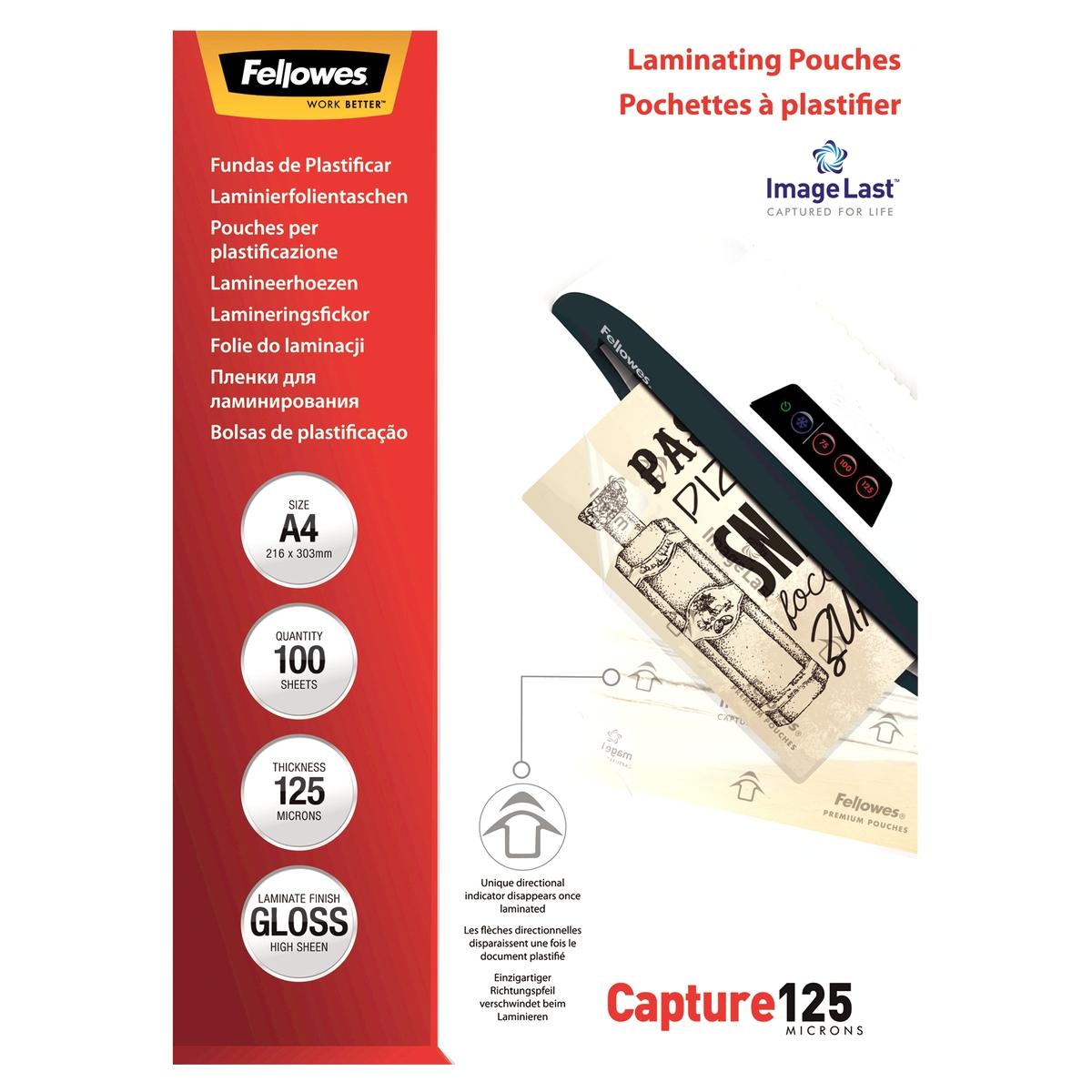 100 pochettes de plastification ImageLast A4 125 microns brillantes FELLOWES — Vue de face