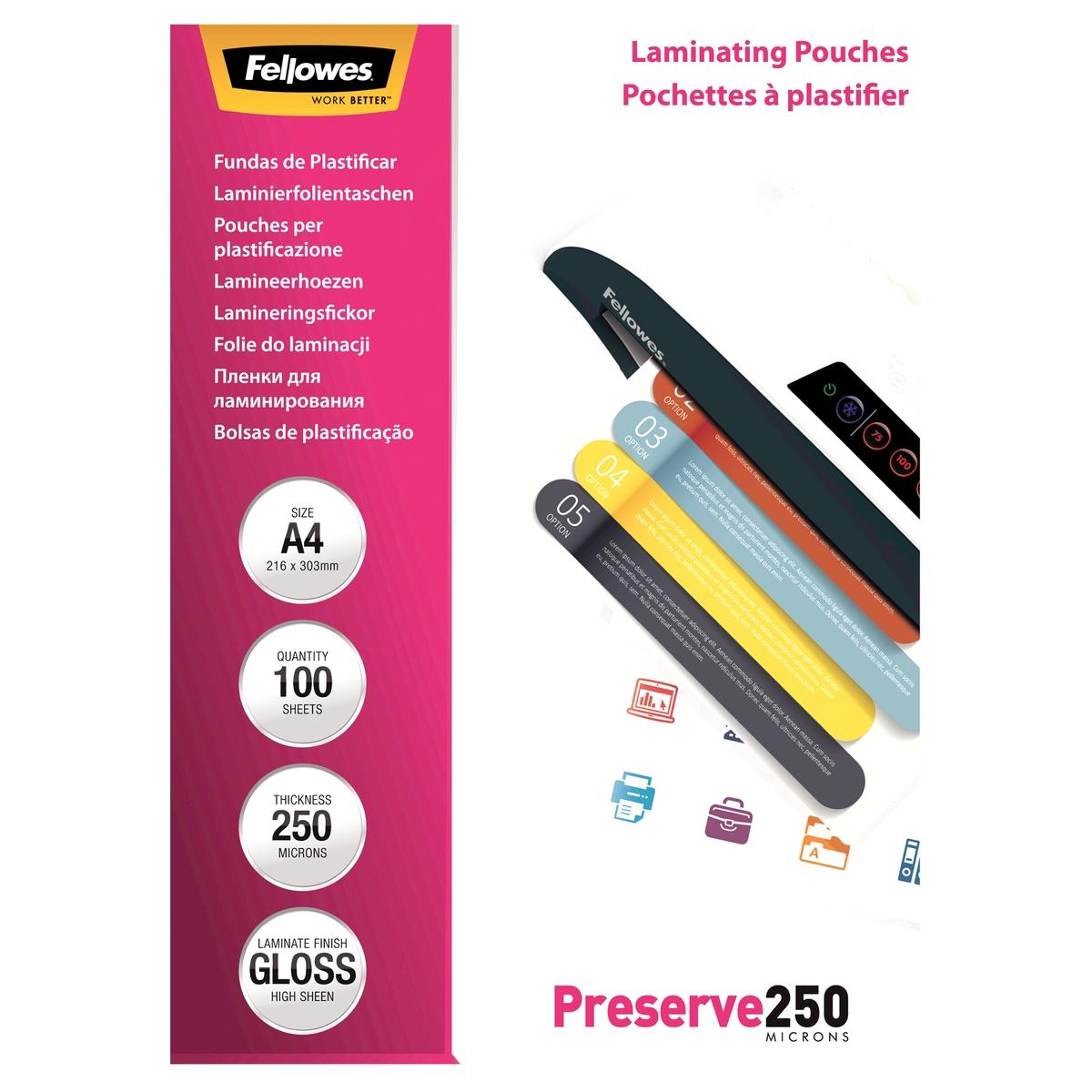 100 pochettes de plastification A4 250 microns brillantes FELLOWES — Vue de face