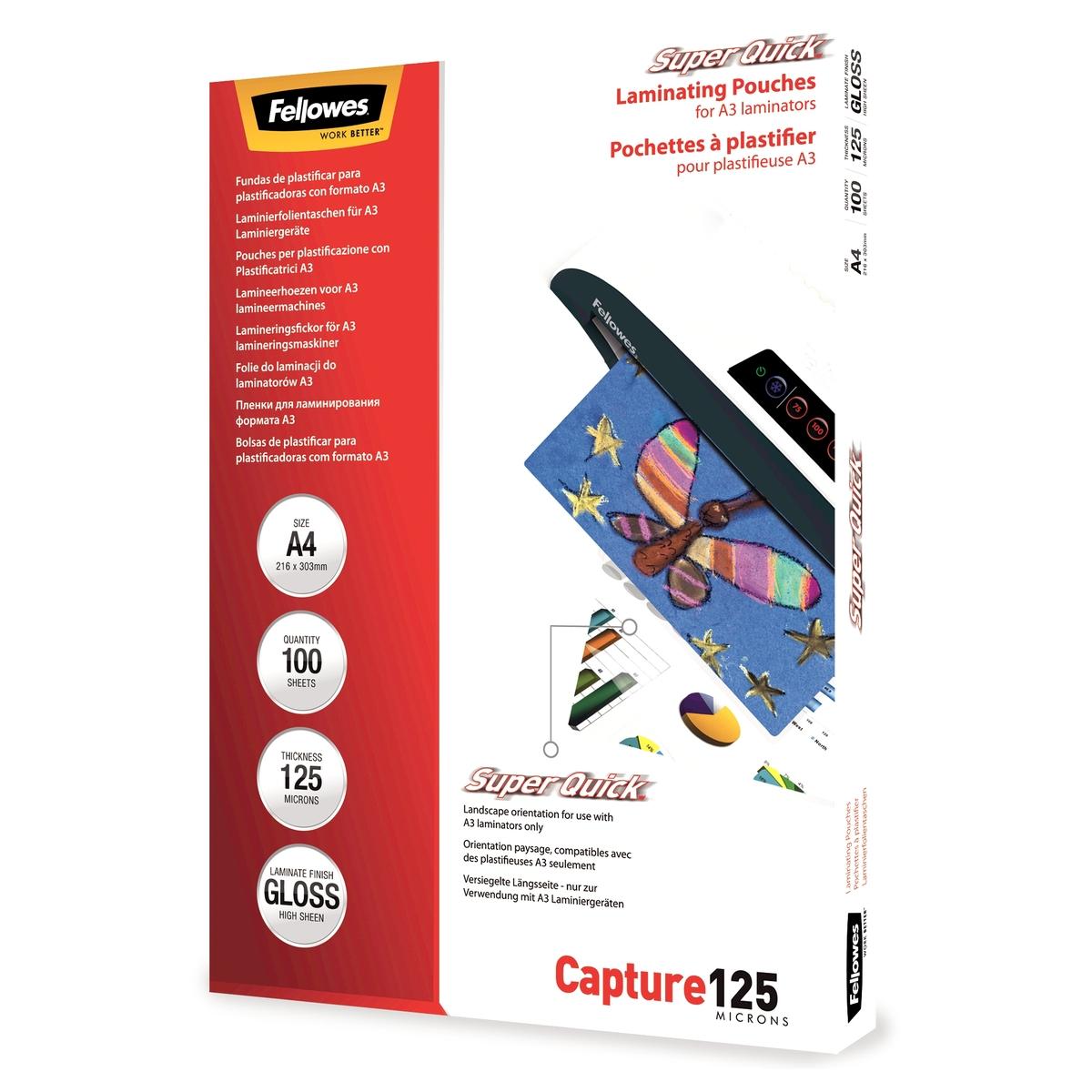 100 pochettes de plastification A4 125 microns brillantes - SuperQuick FELLOWES — Base