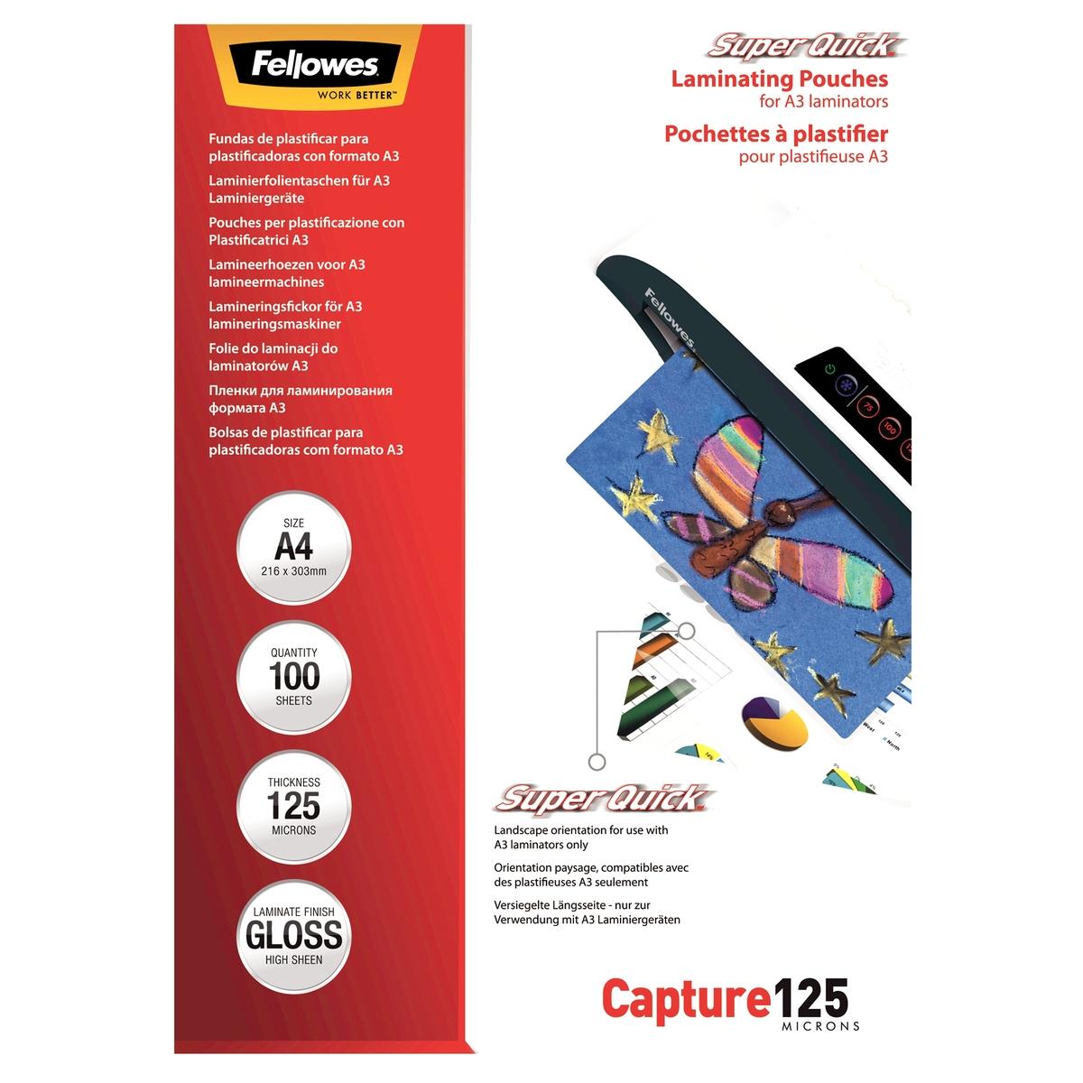 100 pochettes de plastification A4 125 microns brillantes - SuperQuick FELLOWES — Vue de face