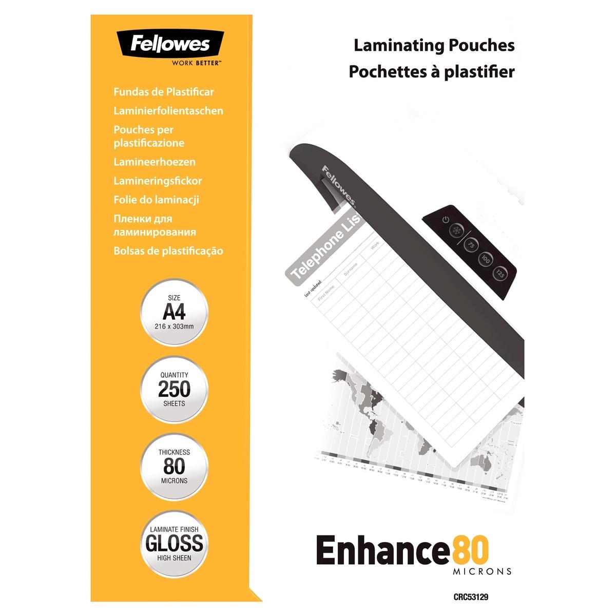 250 pochettes de plastification A4 80 microns brillantes FELLOWES — Base
