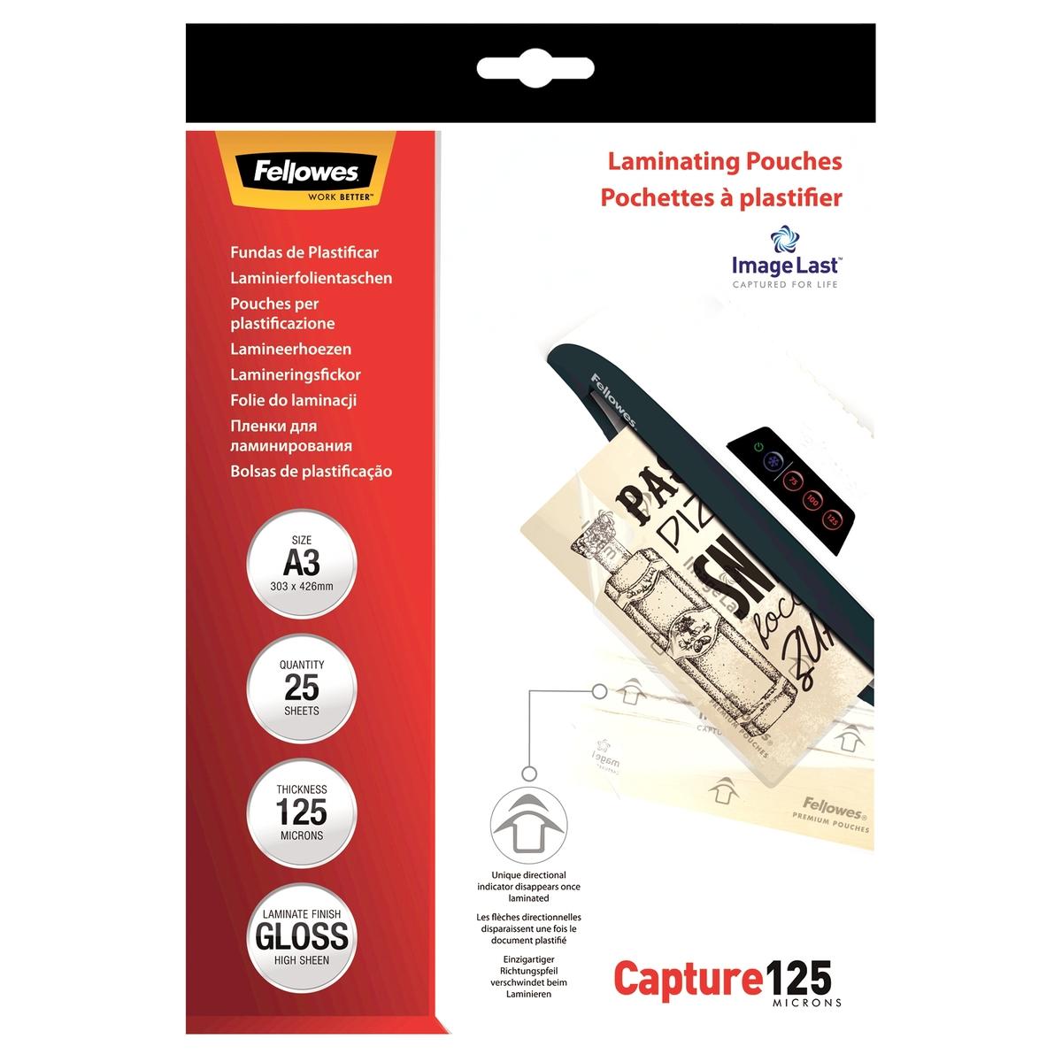 25 pochettes de plastification ImageLast A3 125 microns brillantes FELLOWES — Vue de face packaging