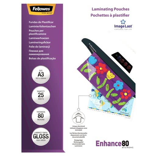 25 pochettes de plastification ImageLast A3 80 microns brillantes FELLOWES — Vue de face