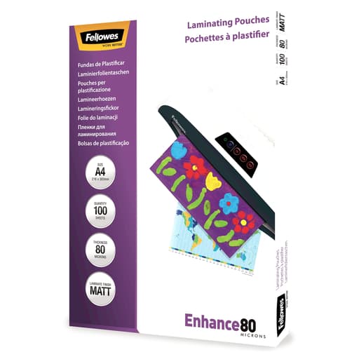 100 pochettes de plastification A4 80 microns mates FELLOWES — Base