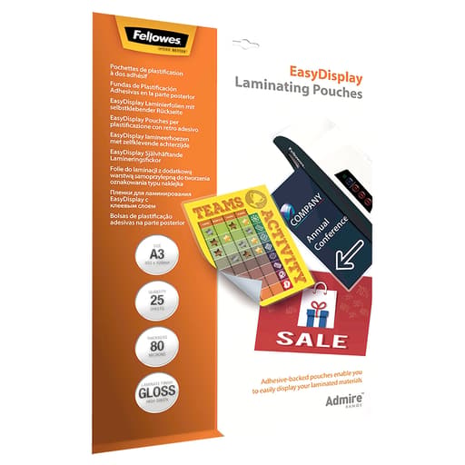 25 pochettes de plastification Admire A3 80 microns brillantes - dos adhésif FELLOWES — Base