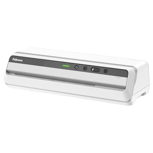 Plastifieuse à pochettes JUPITER A3 FELLOWES — Vue d’ensemble de trois quarts, capot fermé et bandeau de commande gris